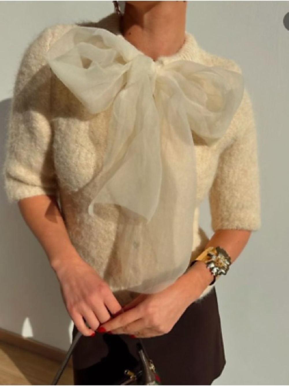 Philosophy Cream Bow-Detail Short-Sleeve Sweater Top